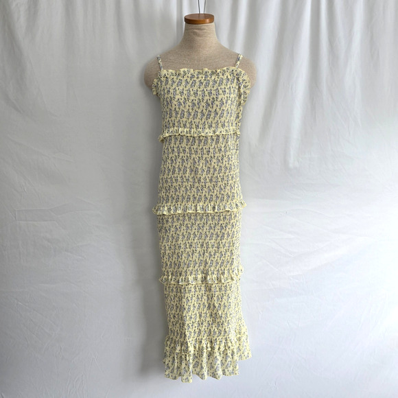 Mable Dresses & Skirts - Mable Esme Sleeveless Tiered Ruffle Dress Women's L Yellow Purple Floral Midi